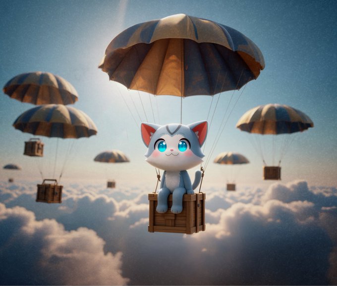 A digital illustration of a cute, cartoon-style gray and white cat with big blue eyes sitting in a wooden crate suspended by a parachute, floating above the clouds among other parachuting crates.