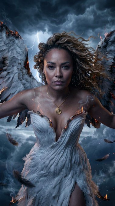 A dramatic digital artwork depicts an angelic figure with dark wings, flowing hair, and a white feather-textured gown standing against a stormy sky with lightning and floating embers.