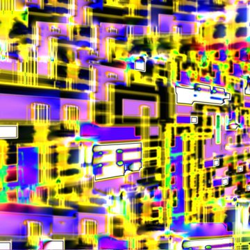 A vibrant, glitch-art style digital composition from the "Indeterminate Spaces" collection, featuring an abstract grid of pixelated blocks in bright yellow, purple, pink, and cyan hues that resemble a distorted circuit board or cityscape. The chaotic, geometric pattern reflects the experimental nature of the artwork series, with no readable text or identifying marks visible in the piece itself.
