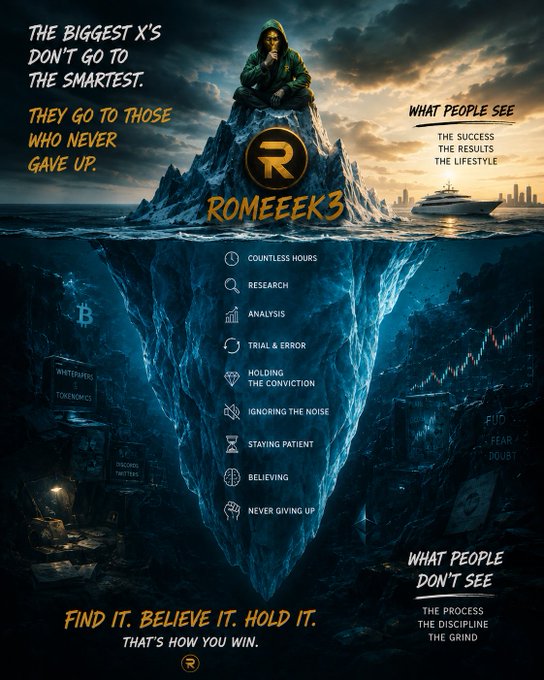 A motivational graphic titled 'ROMEEEK3' showing an iceberg metaphor: above water 'What People See' (success, results, lifestyle), below water 'What People Don't See' (countless hours, research, analysis, trial & error, holding the conviction, ignoring the noise, staying patient, believing, never giving up), with text 'The biggest X's don't go to the smartest. They go to those who never gave up.'