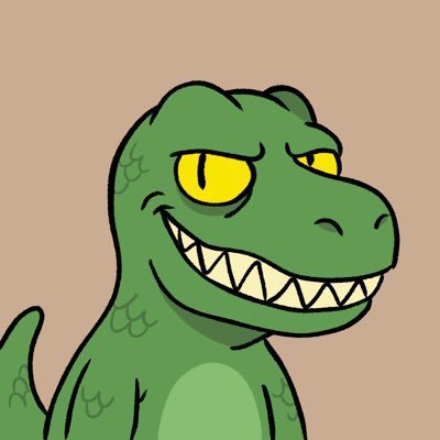 An illustration of a green cartoon dinosaur or reptile character with a wide, toothy grin and yellow eyes, set against a plain tan background.