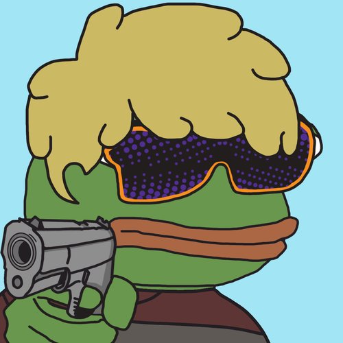 A cartoon illustration features a green frog-like character with blonde hair wearing pixelated sunglasses and holding a gray handgun against a light blue background.