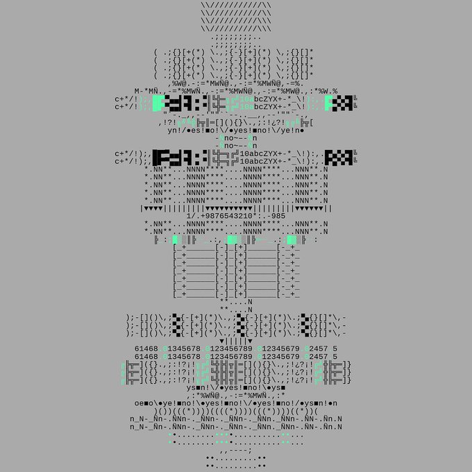An ASCII-art image composed of characters, symbols, numbers, and text fragments on a gray background, with scattered green highlights.