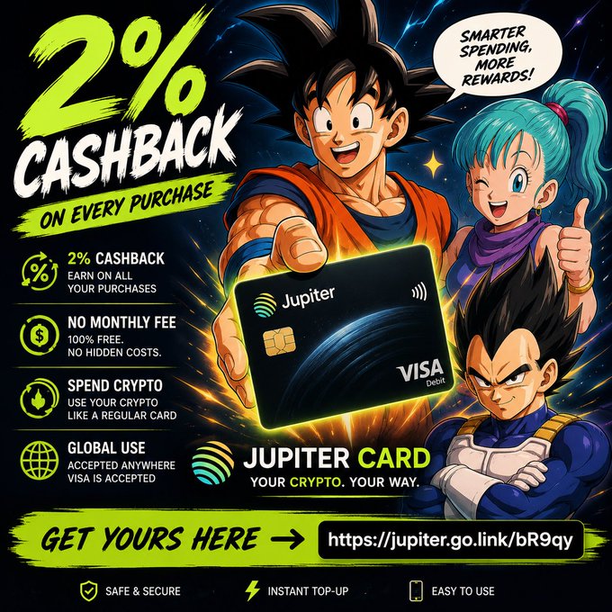 A promotional graphic for 'JUPITER CARD' featuring Dragon Ball characters Goku, Bulma, and Vegeta, advertising 2% cashback on every purchase.