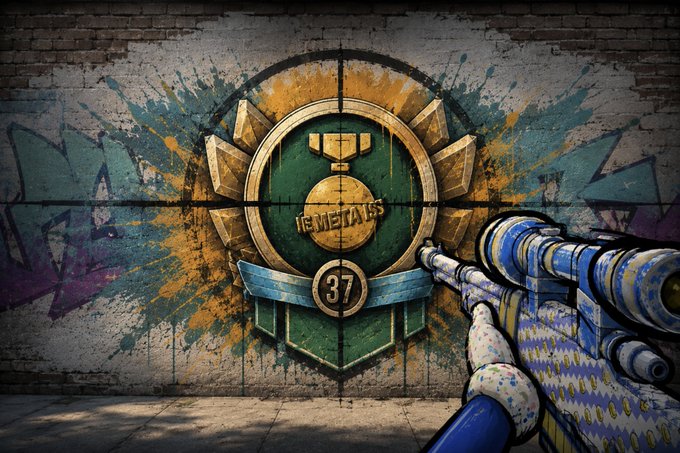 A first-person view from a video game (Counter-Strike) showing a graffiti-splattered wall with a green and gold emblem reading "THE METALIKS 37", with a blue and white patterned sniper rifle aimed at it.