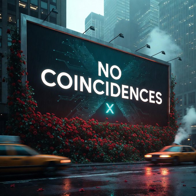 A large illuminated billboard in a rainy city setting reads 'NO COINCIDENCES' with a stylized 'X' logo, framed by red rose bushes with cars passing by.
