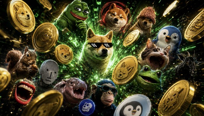 A collage of popular meme coin mascots—including Dogecoin's Shiba Inu, Pepe the Frog, a Shiba Inu wearing "deal with it" sunglasses, a penguin, a screaming cat, a screaming squirrel, and a monkey—surrounded by gold coins against a green digital backdrop, visually representing the "deeply unserious tokens" lineup (DOGE, PEPE, SHIB, BONK, WIF, PENGU, POPCAT, SPX6900, Fartcoin, USELESS, FWOG, GOAT, MOODENG, PNUT, BAN, NPC, BabyDoge, APE) powered by GalaSwap's serious infrastructure.