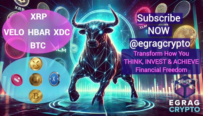 A crypto promotional graphic featuring a glowing neon bull with text "Subscribe NOW @egragcrypto" and "Transform How You THINK, INVEST & ACHIEVE Financial Freedom," along with ticker symbols XRP, VELO, HBAR, XDC, and BTC being highlighted as upcoming content for subscribers.