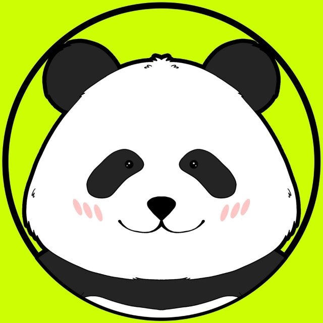 A cartoon panda face illustration with black ears, pink blushing cheeks, and a friendly smile on a bright green background.
