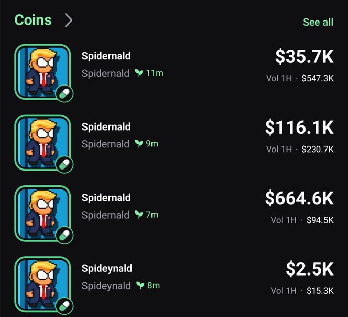 Cryptocurrency trading interface showing a 'Coins' list with multiple entries for 'Spidernald' and 'Spideynald' tokens displaying prices ranging from $2.5K to $664.6K with 1-hour volume data.