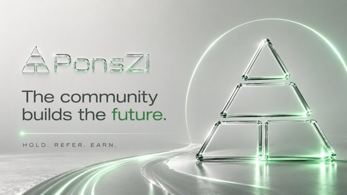 An advertisement for 'APonZi' featuring the slogan 'The community builds the future' and 'HOLD. REFER. EARN.' next to a glowing green pyramid structure.