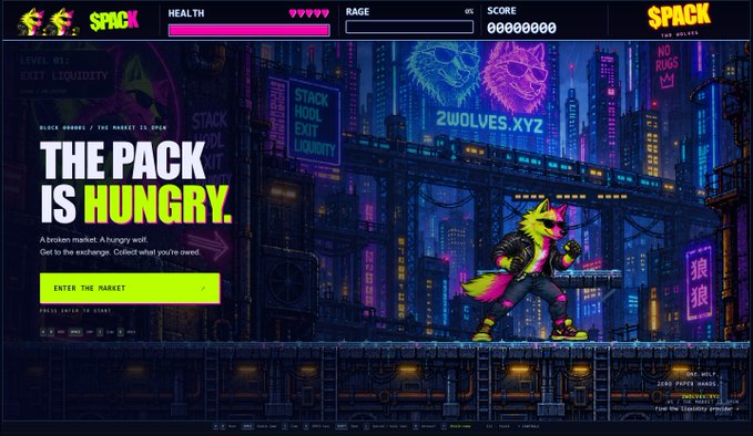 A neon-drenched pixel art game screen titled "THE PACK IS HUNGRY" features a wolf-like character branded "SPACK" against a cyberpunk cityscape, with a HUD displaying "999999" health, "0%" rage, and a score of "00000000." The image ties to the $PACK "Two Wolves Game" promotion, showcasing its Level 1 pilot where players enter the market to collect what they're owed.