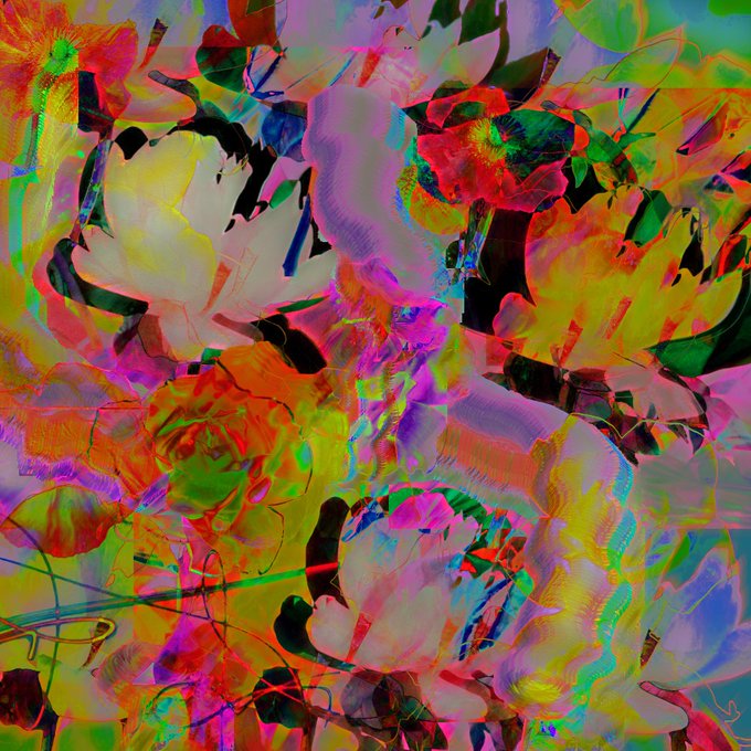 An abstract, psychedelic digital artwork featuring overlapping, brightly colored floral shapes in neon pink, green, yellow, and blue.