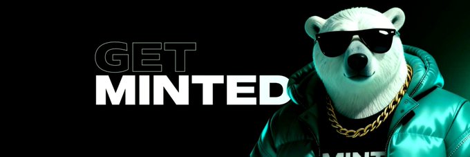 A promotional graphic featuring a polar bear wearing sunglasses, a gold chain, and a teal puffer jacket, alongside the text 'GET MINTED'.