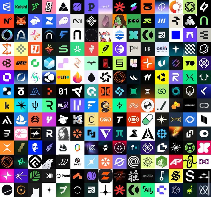 A grid collage displaying numerous colorful cryptocurrency, technology, and social media logos and app icons arranged in a dense pattern.