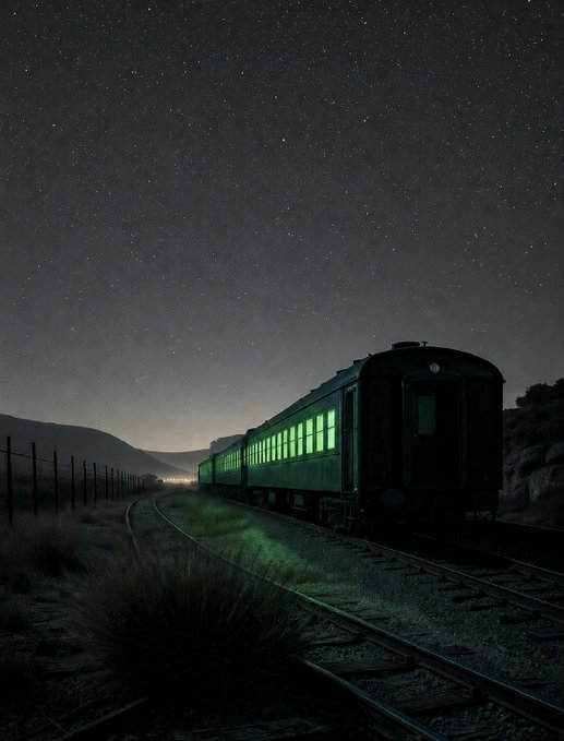 A passenger train with glowing green-lit windows travels along a curved track through a dark, starry night landscape. The image appears to be a visual metaphor for the "new currency" being promoted—suggesting that this digital asset is the next big thing on track to global adoption, much like a late-night express journey cutting through the unknown.