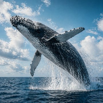 A humpback whale breaching dramatically out of the ocean, its massive body emerging from the water with droplets cascading down against a backdrop of blue sky and white clouds.