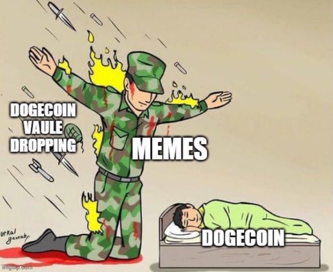 A meme illustration showing a soldier on fire blocking bullets to protect a sleeping child in bed; labels read "DOGECOIN VALUE DROPPING," "MEMES," and "DOGECOIN," suggesting the soldier represents memes shielding Dogecoin from value decline.