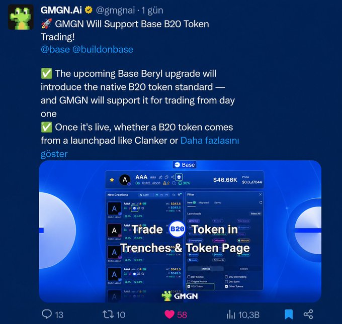 A screenshot of a tweet from GMGN.AI announcing its support for Base B20 token trading upon the upcoming Base Beryl upgrade, featuring a promotional graphic that reads "Trade B20 Token in Trenches & Token Page" alongside an interface preview showing token listings like AAA at $46.66K with a 20% price change.