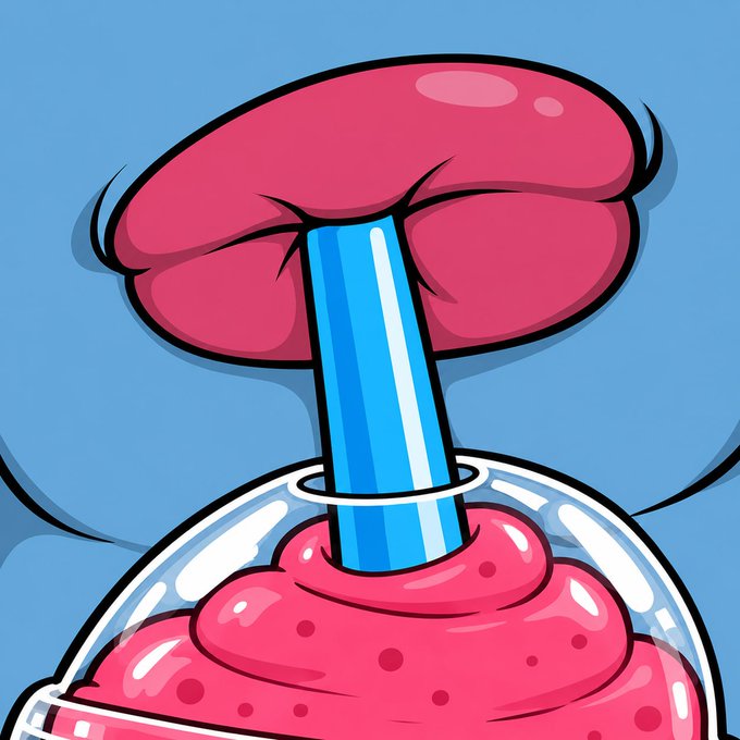 A cartoon illustration of a pink, mushroom-shaped glass of bubble tea with a blue straw, set against a light blue background.