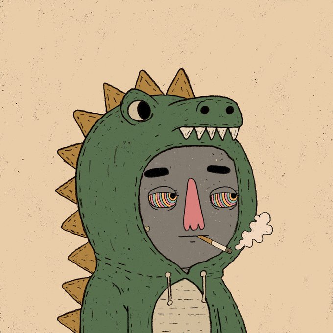 A surreal cartoon illustration of a face with rainbow-colored eyes wearing a green dinosaur/crocodile hooded onesie, smoking a cigarette and exhaling smoke.