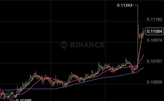 A Binance candlestick chart showing a dramatic price surge from around $0.10398 to a peak of $0.11343, with the current price at $0.11084, illustrating the explosive upward momentum of the $BASED token.