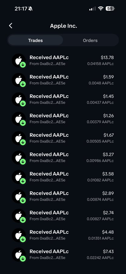A smartphone screenshot of an Apple Inc. trades page showing multiple 'Received AAPLc' entries with various dollar amounts and AAPLc quantities.