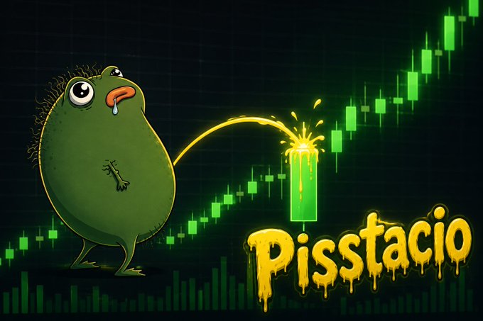 A cartoon illustration of a green character urinating yellow liquid that creates a green stock chart candle, with the word "Pisstacio" written in yellow dripping letters.
