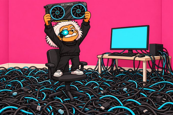A cartoon mad scientist character with a glowing blue eye holds a large graphics card labeled "AXE COMPUTE" above his head while sitting in a room filled with tangled black and blue cables.