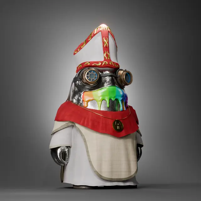 A whimsical figure resembling a penguin or robot is dressed in religious vestments, featuring a tall ornate hat, a glowing multicolored face mask, and a white and red robe.