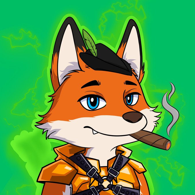 A digital illustration features an anthropomorphic orange fox character wearing a black beret and smoking a cigar against a green background with map outlines.