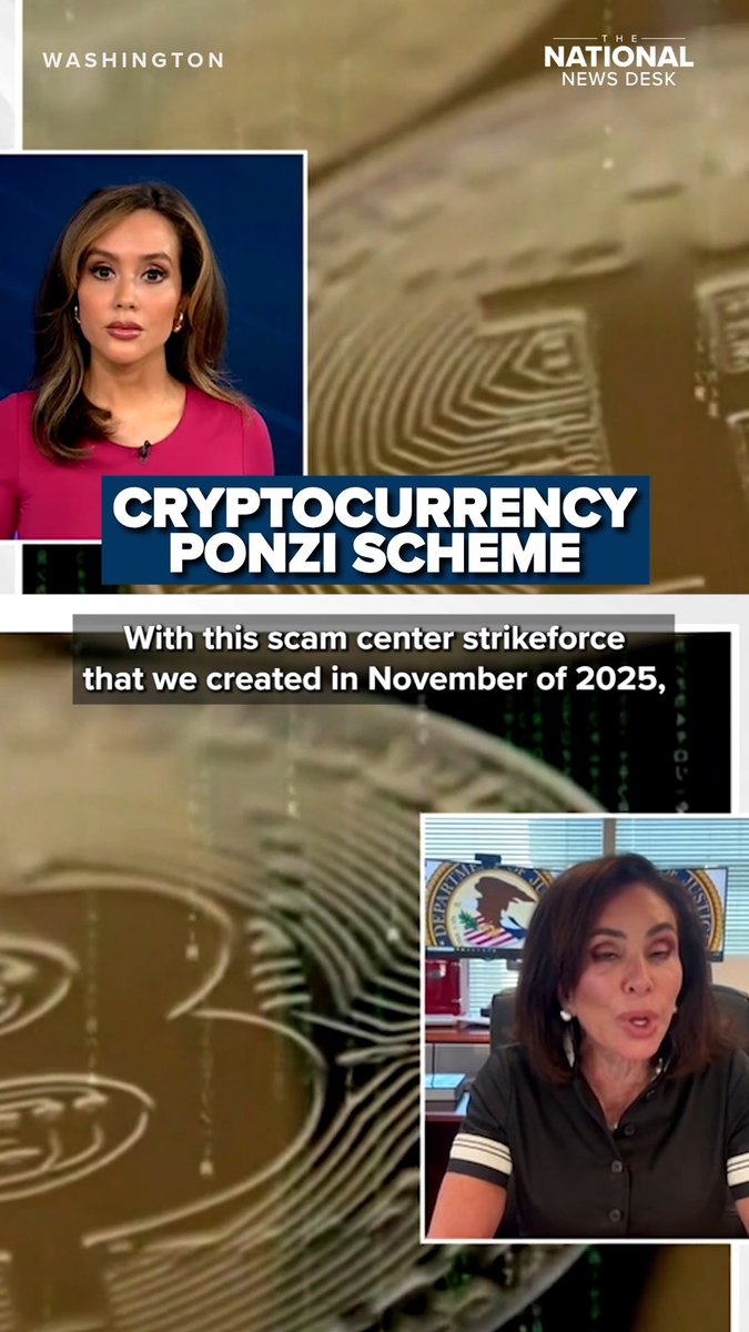 A news broadcast screenshot from 'The National News Desk' features headlines 'CRYPTOCURRENCY PONZI SCHEME' and 'With this scam center strikeforce that we created in November of 2025,' with two anchors visible.