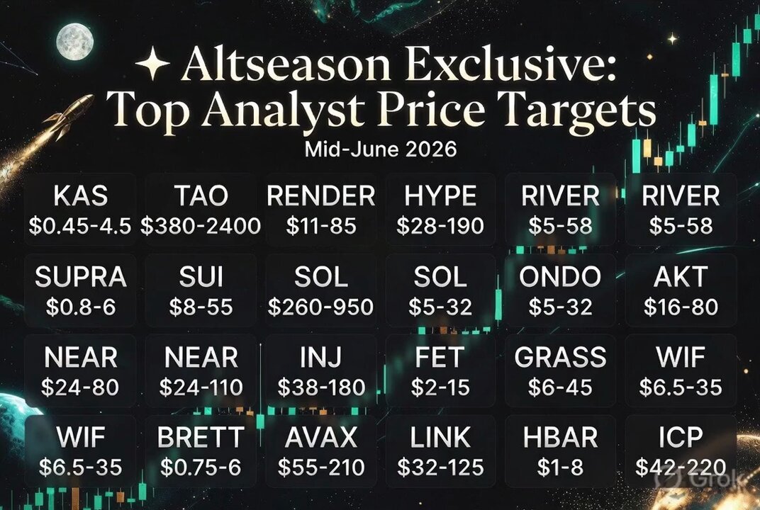 The image presents a table that outlines various top analyst price targets for the cryptocurrencies altseason exclusive, Mid-June 2026. The target ranges span from $0.45 – 4.5 to $2.50 - $4.55. Altseason's focus on market trends and analysis has led them to provide these price targets with a monetary value attached to each one.