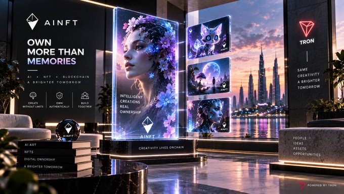 A futuristic promotional banner for 'AINFT' and 'TRON' featuring AI-generated artwork, with the slogans 'OWN MORE THAN MEMORIES' and 'DAME CREATIVITY A BRIGHTER TOMORROW.'