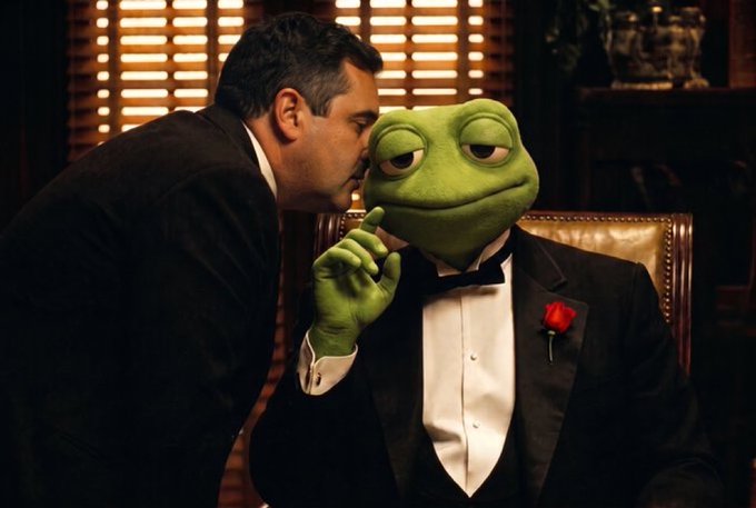 A man in a suit leans in to whisper into the ear of Kermit the Frog, who is dressed in a black tuxedo with a bow tie and red rose boutonniere, sitting in a leather chair in a warmly lit room.