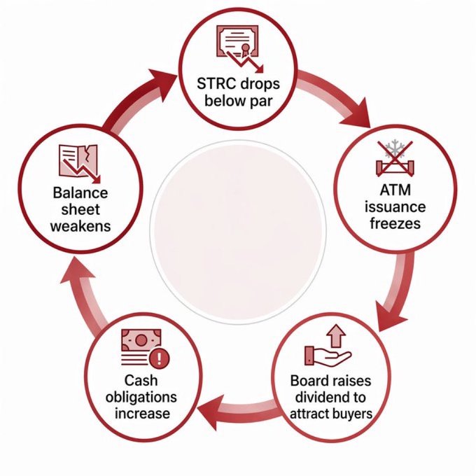 The image shows a red circle with five white arrows pointing outwards, each labeled with a different strategy or concept related to Bitcoin trading. The first arrow points towards "Balance sheet sheet", while the second arrow leads to "ATM insures". The third arrow is directed at "Insurance freezes", and the fourth arrow points to "Board raises". The fifth arrow is for "Board raises divided to attract buyers". The image also includes a caption that reads, "Strategy just sold not only its first Bitcoin, but its 32nd Bitcoin too. According to Onramp, the STRUCTURAL CASCADE has now been TRIGGERED."