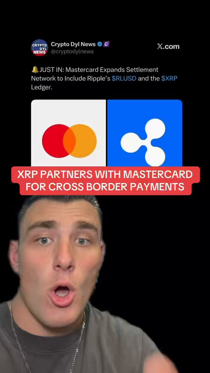 The image features a man with a surprised expression, possibly reacting to something he has seen or read. The caption below the image reads "XRP partners with Mastercard for cross border payments". This suggests that the man might be discussing or sharing information about this partnership between XRP and Mastercard in the context of cross-border payments.
