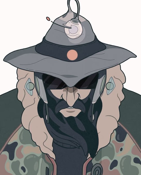 A stylized illustration of a bearded figure wearing a wide-brimmed grey hat with a small antenna, sunglasses, and what appears to be a fur-lined hood or collar, set against a white background.
