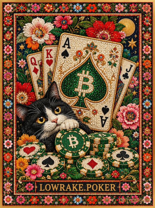 A decorative artwork featuring a tuxedo cat with poker chips and royal flush cards, with a Bitcoin logo on the ace of spades and 'LOWRAKE.POKER' text at the bottom.