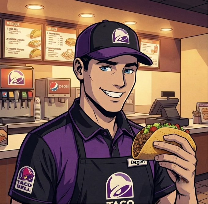 A smiling Taco Bell employee named "Degen" wearing a purple branded cap and apron holds up a loaded taco inside the restaurant, with visible menu boards and a Pepsi fountain machine in the background—capturing the cheerful "GM and happy Taco Tuesday" spirit.