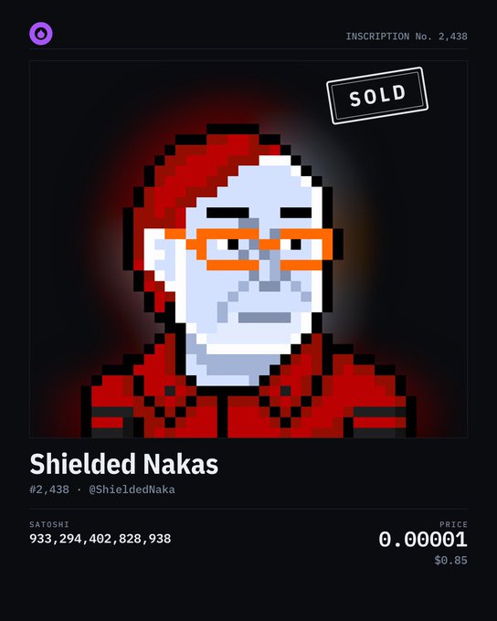 An NFT listing page displaying a pixel art character named "Shielded Nakas" with inscription No. 2,438, marked as "SOLD" for 0.00001 SATOSHI.