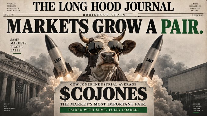 A vintage newspaper-style graphic titled 'THE LONG HOOD JOURNAL' featuring a bull wearing aviator sunglasses, flanked by rockets labeled 'LMT', with a '$COJONES' ticker pun on 'COW JONES INDUSTRIAL AVERAGE' and a tagline 'PAIRED WITH $LMT. FULLY LOADED.'