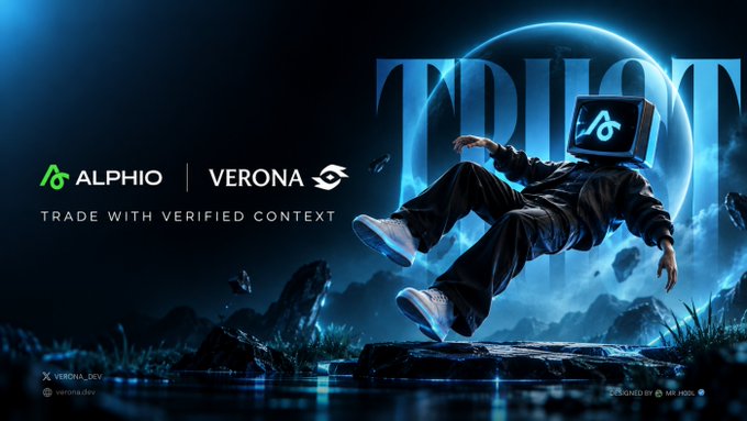 A blue-toned crypto advertisement shows a floating figure wearing a glowing screen for a head beside a portal. Visible text includes “ALPHIO,” “VERONA,” and “TRADE WITH VERIFIED CONTENT.”