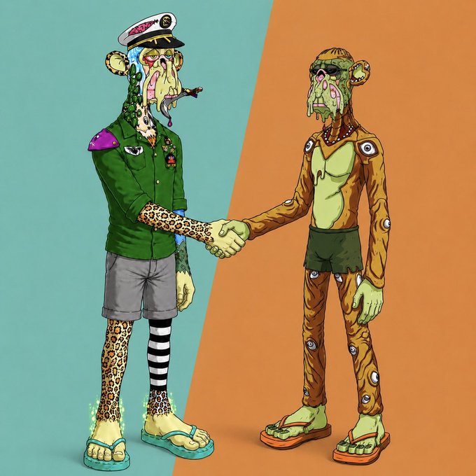 A vibrant digital illustration of two grotesque, cartoonish ape-like characters—one in a green military uniform with a captain's hat, the other in a loincloth with multiple eyes—shaking hands against a split teal and orange background.