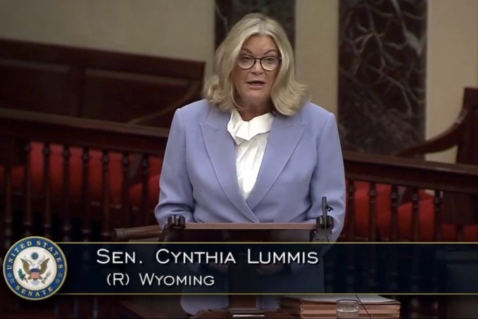Senator Cynthia Lummis (R-Wyoming), identified by the Senate seal and on-screen graphic, delivers a speech from the Senate floor advocating for the passage of the CLARITY Act to protect investors and establish U.S. leadership in cryptocurrency regulation.