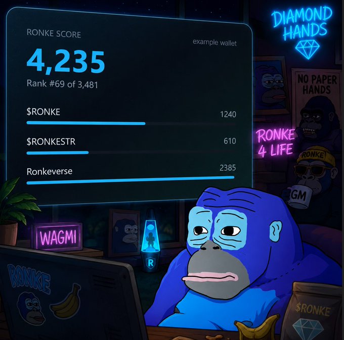 A blue gorilla sits at a computer displaying a "RONKE SCORE" of 4,235, ranked #69 of 3,481, with a breakdown of $RONKE (1240), $RONKESTR (610), and Ronkeverse (2385), surrounded by neon signs like "DIAMOND HANDS," "NO PAPER HANDS," "RONKE 4 LIFE," and "WAGMI." The image ties directly to the post's call to action, showcasing a sample Ronke Score from Ronkeverse.com to invite users to check their own crypto rankings.