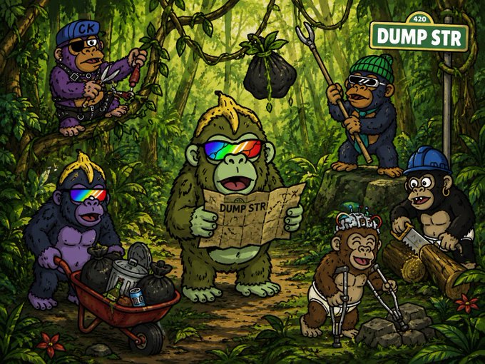 The cartoon illustration depicts a group of colorful, sunglasses-wearing chimpanzees in a jungle, with the central gorilla holding a map labeled "DUMP STR" while another chimp points the way on a signpost reading "420 DUMP STR," humorously guiding viewers toward the $DUMP token's metaphorical "dump street" destination.