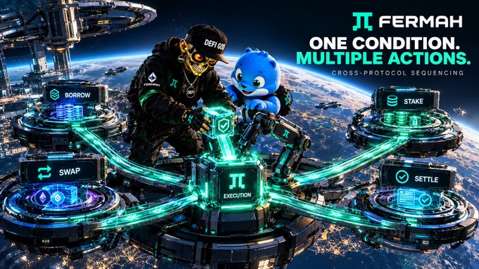 A promotional graphic for "FERMAH" featuring a robot-like figure with a blue mascot, surrounded by space-themed platforms labeled "BORROW," "SWAP," "STAKE," and "SETTLE," with the tagline "ONE CONDITION. MULTIPLE ACTIONS. CROSS-PROTOCOL SEQUENCING."