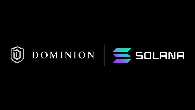 The image shows the Dominion logo and name next to the Solana logo (a colorful gradient emblem) and wordmark, separated by a vertical line. This visually represents the partnership between Dominion and Solana as $SILV tokenized physical silver launches on the Solana network.
