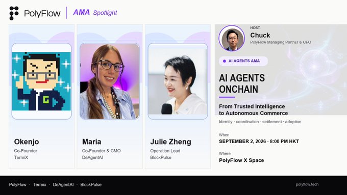 A promotional graphic for a PolyFlow X Space AMA event titled "AI Agents On Space," hosted by Chuck with speakers Oken (Termix), Maria (DeAgentAI), and Crypto Fish (BlockPulse), scheduled for August 18 at 10:00 UTC. The image relates to the post by highlighting the expansion of Termix's Agent.family platform, which supports the growing network of AI agents driving the Agent Economy.